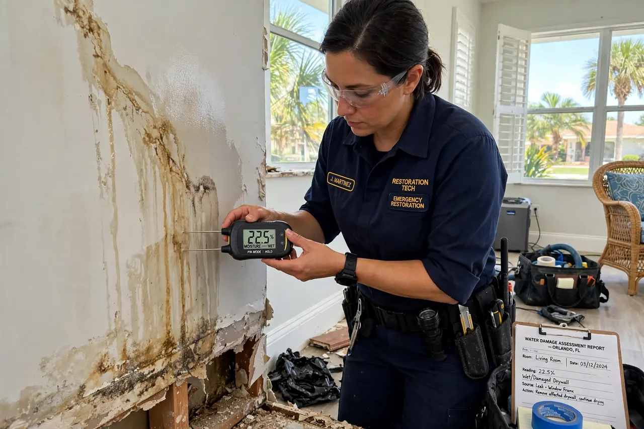 Technician performing water removal and moisture assessment in a Vero Beach home