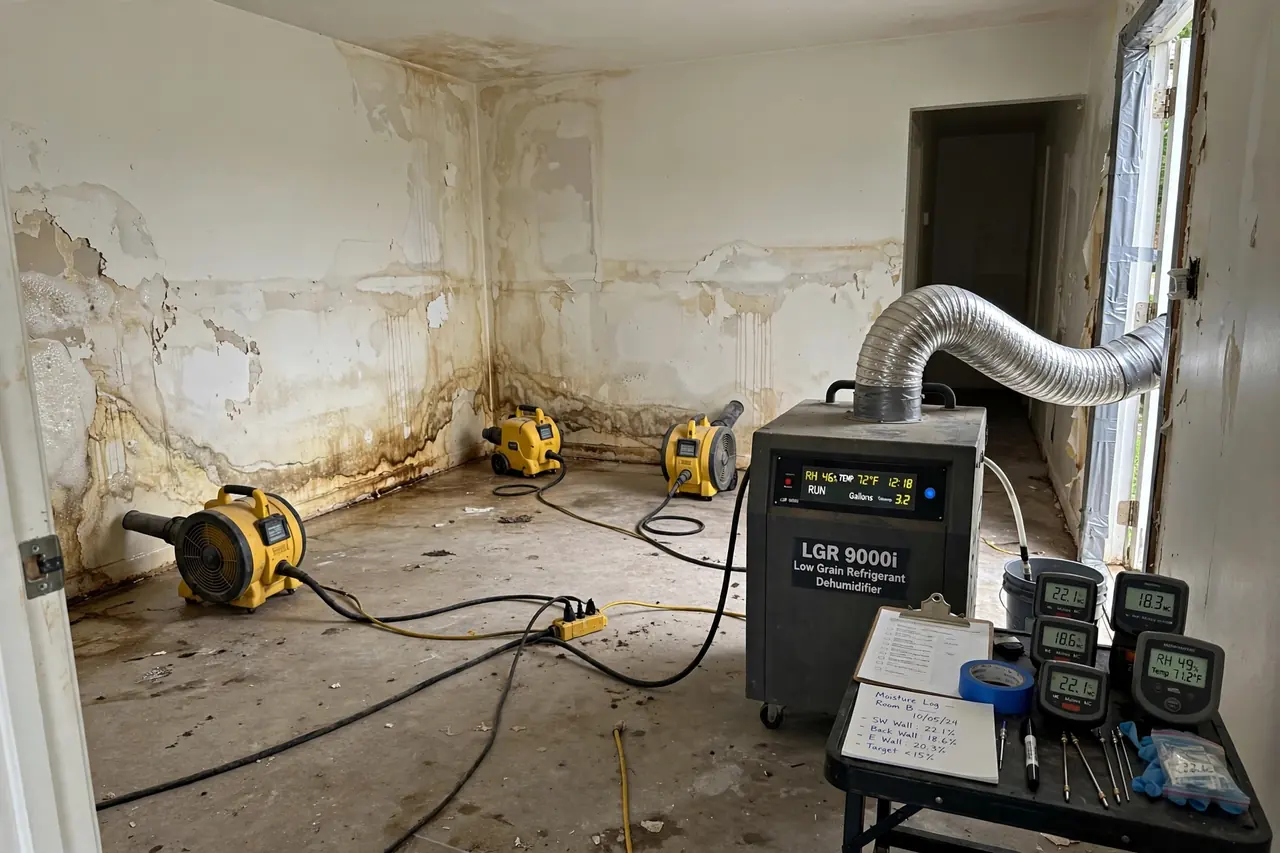 Structural drying setup with air movers and dehumidifier in a water-damaged room