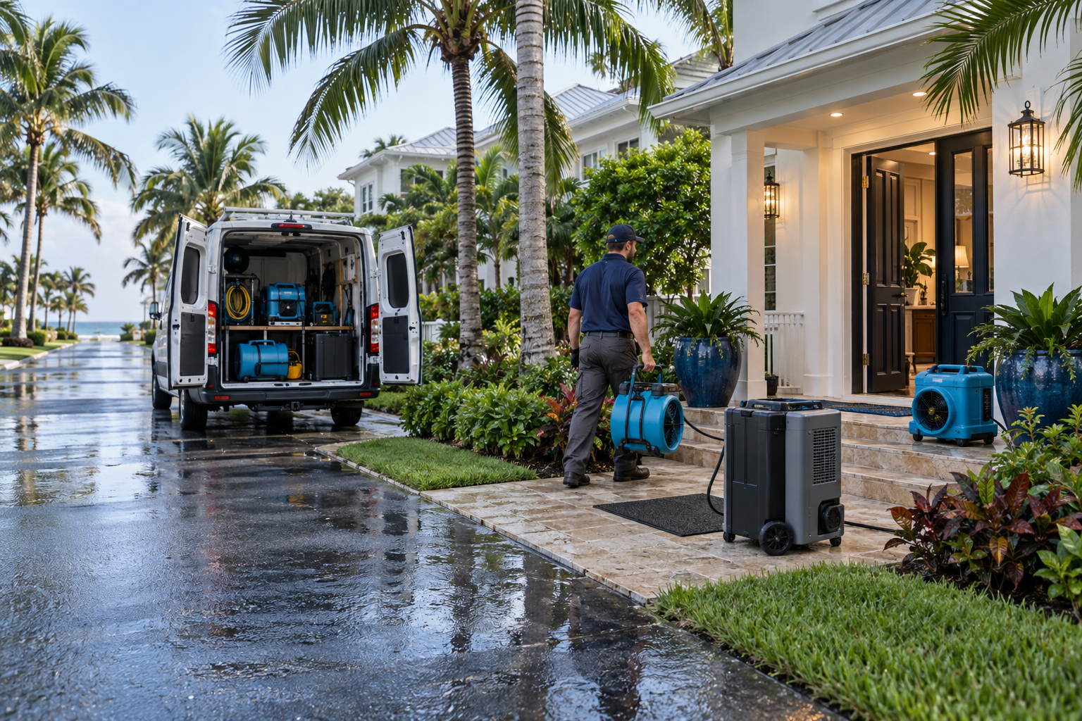 Water damage response vehicle outside a coastal Vero Beach property